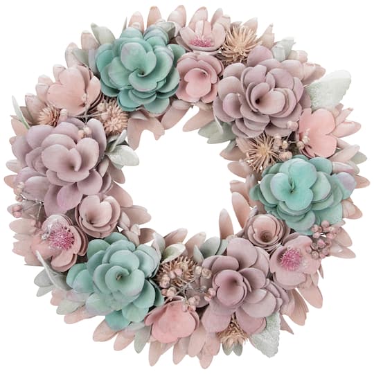13.5" Wooden Floral Artificial Spring Wreath with Thistles